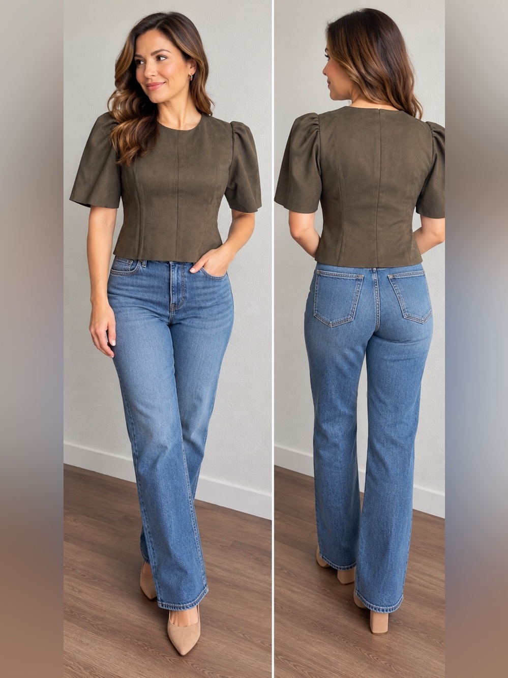 NWT T Tahari Faux Suede Puff Sleeve Top Light Olive Size M